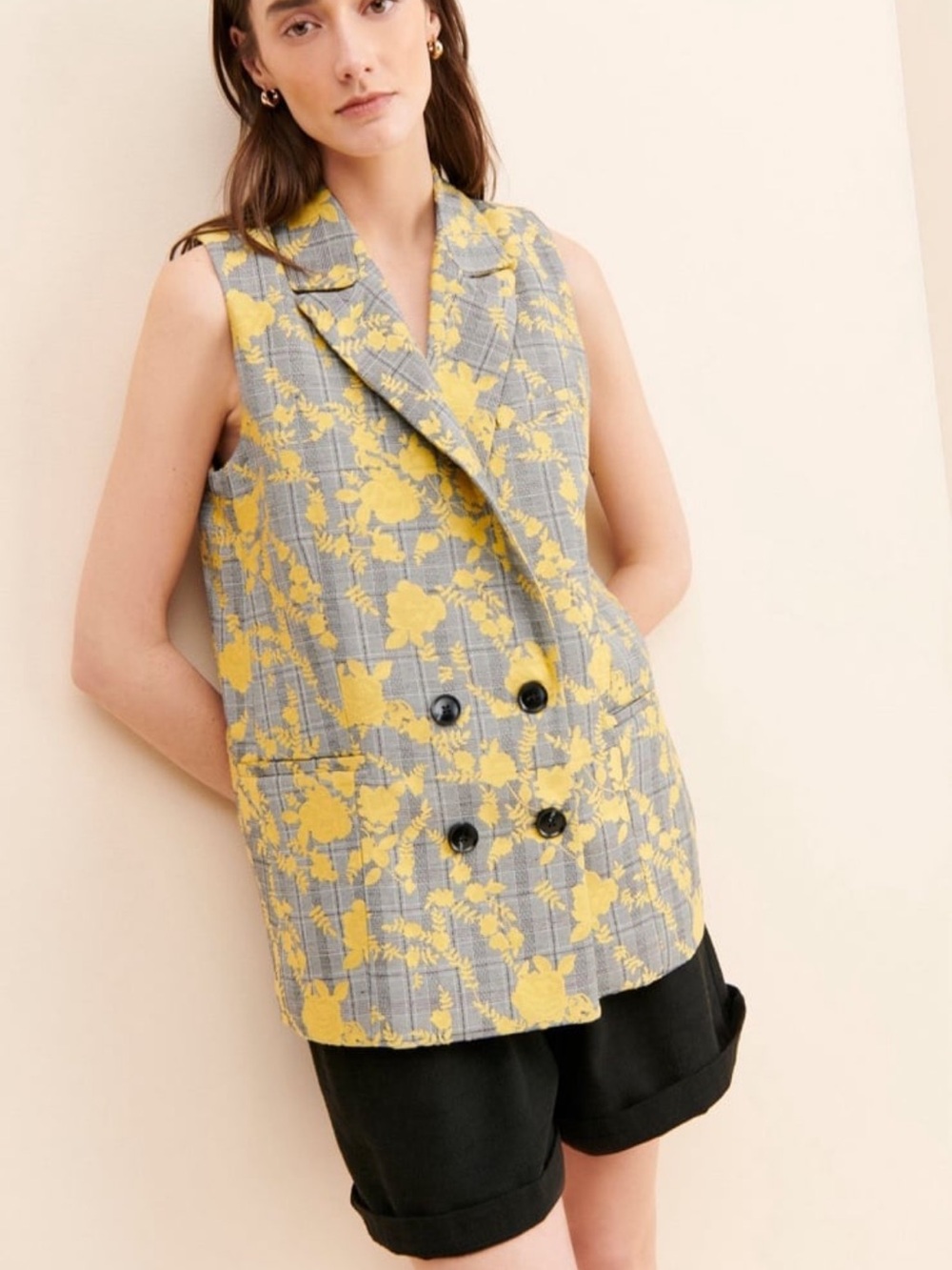 Anthropologie HUTCH Sleeveless Double-Breasted Floral Plaid Vest - Yellow/Grey